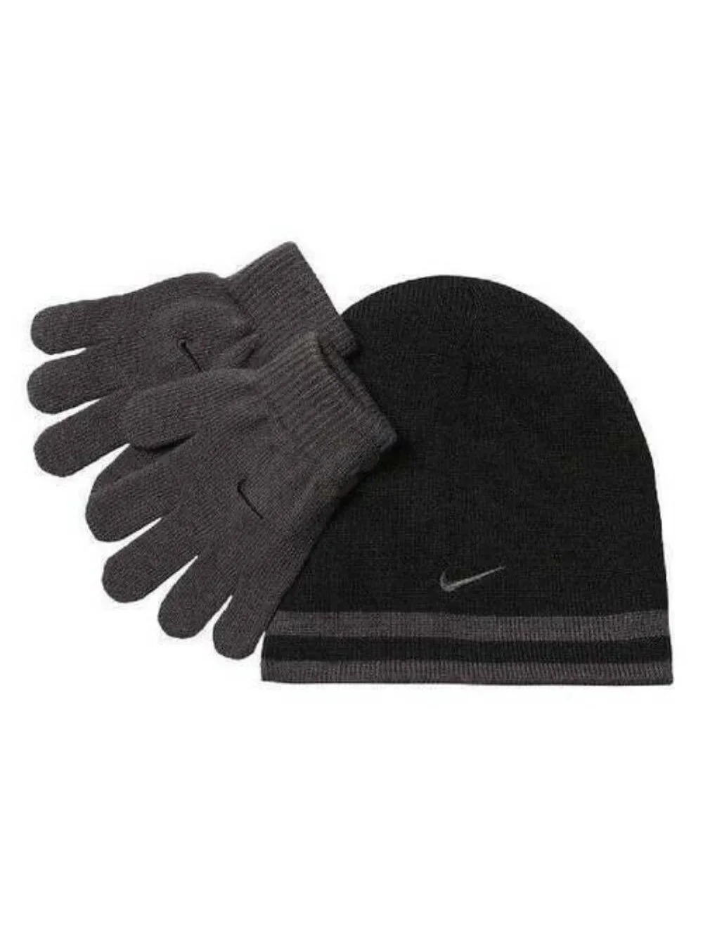 NIKE Hat & Gloves Set 8-20 Kids Swoosh Logo Reversible Black Gray Beanie Winter